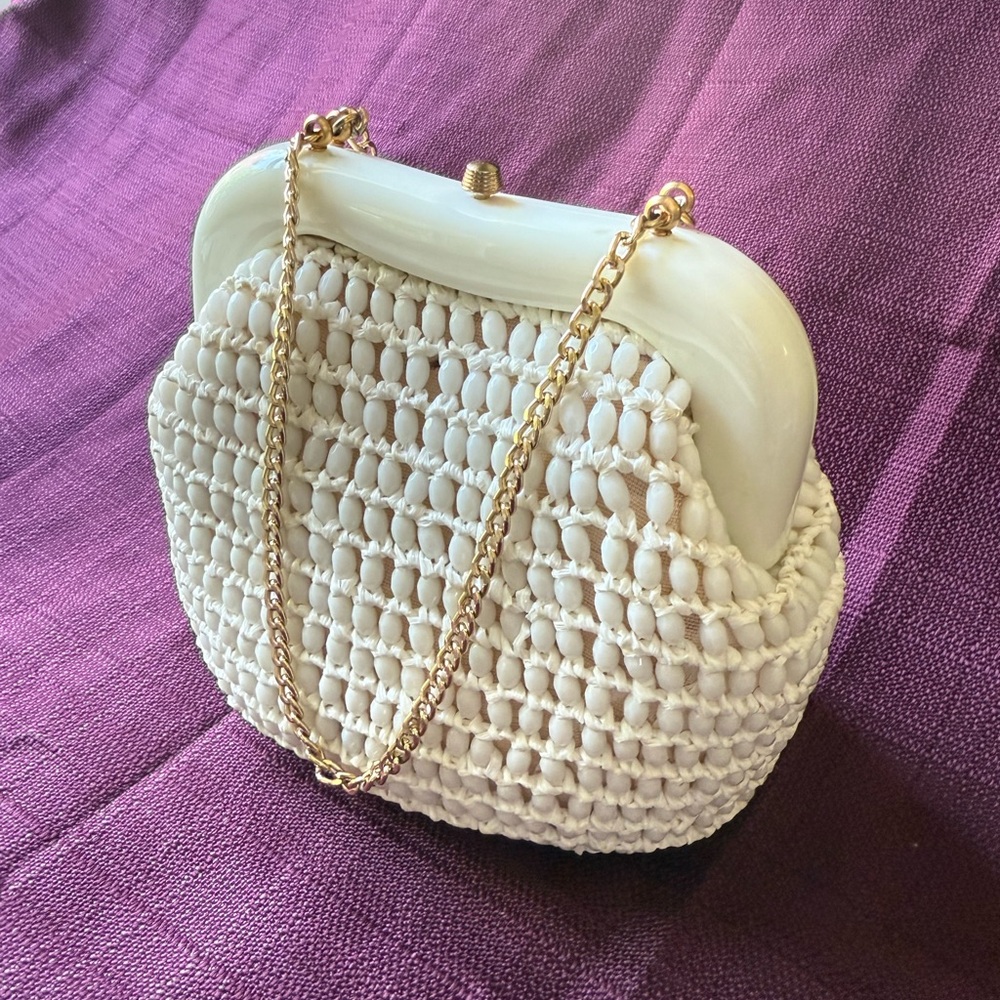 VTG Italian Made White and Gold Mini Bag with Beaded Texture Mint Condition